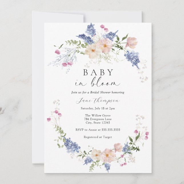 Baby in Bloom Feminine Blume Kinderdusche Einladung (Vorderseite)