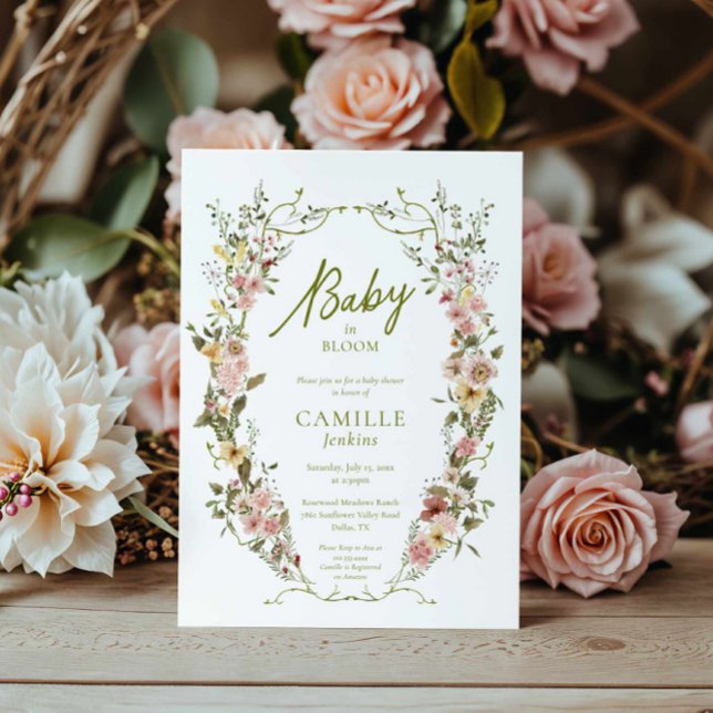 Baby in Bloom Floral Baby Dusche Einladung (Greenery and Floral Baby Shower Invitation)
