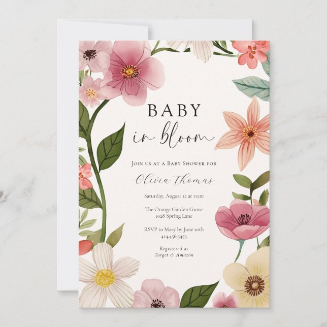 Baby in Bloom Floral Baby Dusche Einladung (Vorderseite)