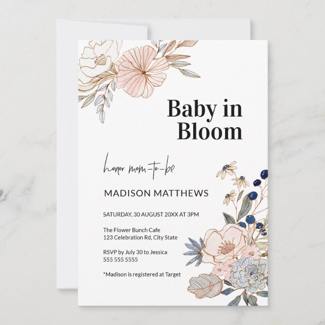Baby in Bloom Floral Baby Dusche Einladung (Vorderseite)