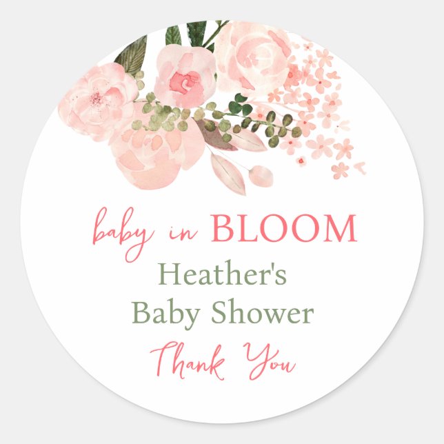 Baby in Bloom Floral Baby Dusche Runder Aufkleber (Vorderseite)