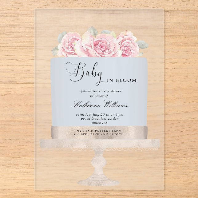 Baby in Bloom Floral Cake Babydusche Acryleinladungen (Vorderseite)