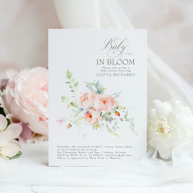 Baby in Bloom Floral Elegante Babydusche Einladung (Pink Floral Baby In Bloom Baby Shower Invitation)