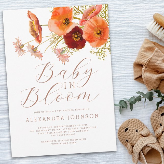 Baby in Bloom Floral Fall Baby Dusche Einladung (Boho fall floral baby shower invitation elegant script watercolor flowers orange brown terracotta )