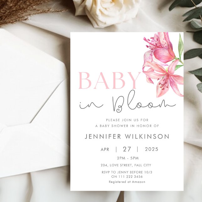 Baby in Bloom Floral Lily Babydusche Einladung (Baby in Bloom Floral Lily Baby Shower Invitation)