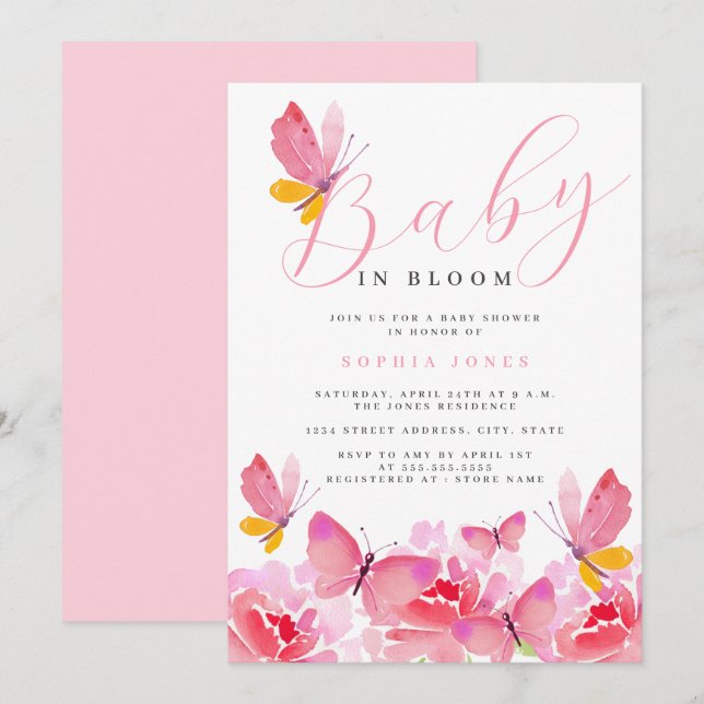Baby in Bloom Floral Pink Butterfly Babydusche Einladung (Vorne/Hinten)