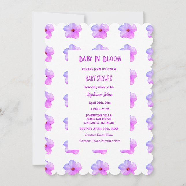 Baby in Bloom Floral Pink Petunia Baby Duschmädche Einladung (Vorderseite)