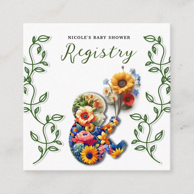 Baby in Bloom Floral Vine Baby Showregister Quadratische Visitenkarte (Vorderseite)