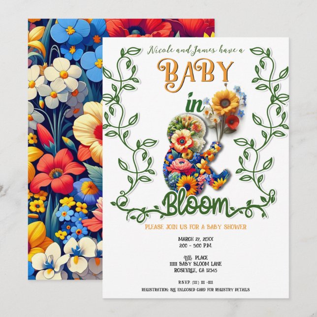 Baby in Bloom Floral Vine Leaf Babydusche Einladung (Vorne/Hinten)