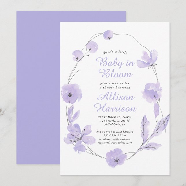Baby in Bloom Floral Wasserfarbe Lavendel Dusche i Einladung (Vorne/Hinten)