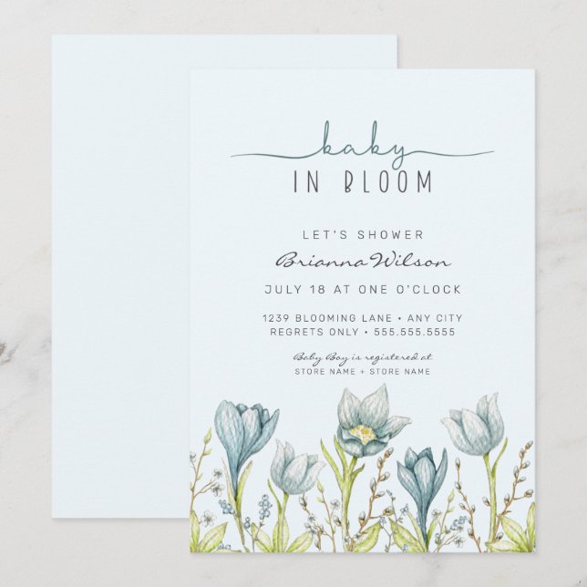 Baby in Bloom garçon baby shower Invitation (Devant / Derrière)