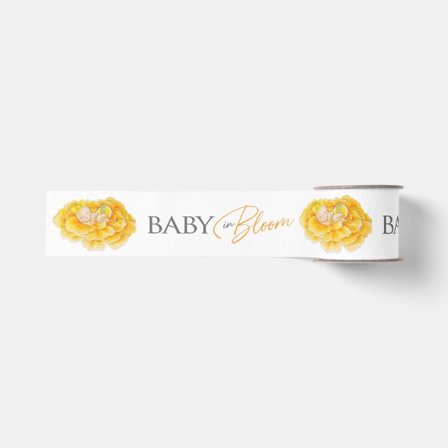 Baby in Bloom gelb-orange-graue Babydusche Ripsband (Vorderseite)