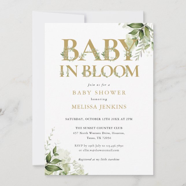 Baby in Bloom Gold Greenery Baby Dusche Einladung (Vorderseite)