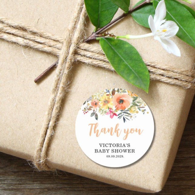 Baby in Bloom Gold Orange Baby Dusche Runder Aufkleber (Von Creator hochgeladen)