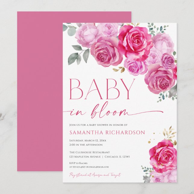 Baby in Bloom heiß rosa fuchsienfarbenes Blumenmäd Einladung (Vorne/Hinten)