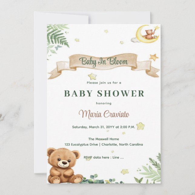 "Baby In Bloom" Invitation Baby shower de l'ours e (Devant)