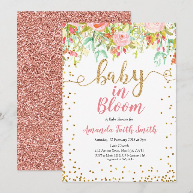 Baby in Bloom Invitation Card Rose or (Devant / Derrière)