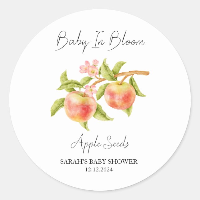 Baby in Bloom l Apple Seeds Baby Dusche Runder Aufkleber (Vorderseite)