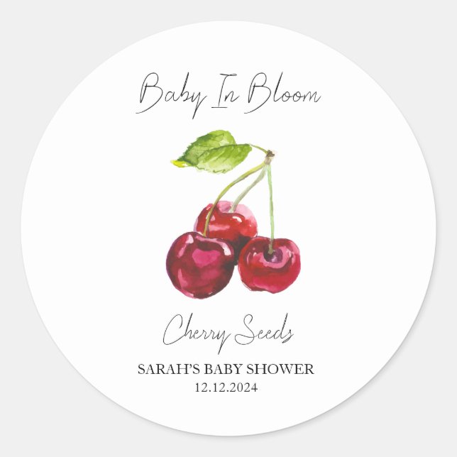 Baby in Bloom l Cherry Seeds Baby Dusche Runder Aufkleber (Vorderseite)