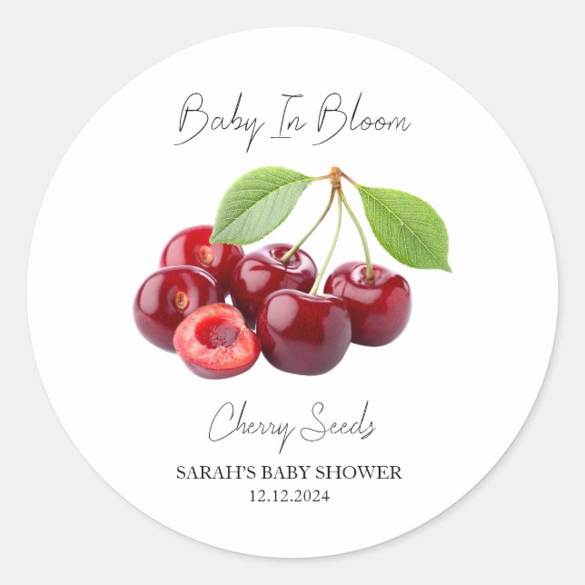 Baby in Bloom l Cherry Seeds Baby Dusche Runder Aufkleber (Vorderseite)