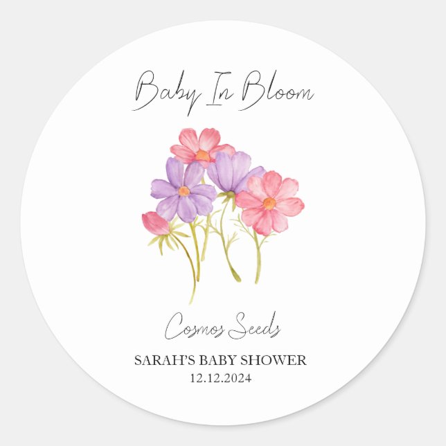 Baby in Bloom l Cosmos Samen Baby Dusche Runder Aufkleber (Vorderseite)