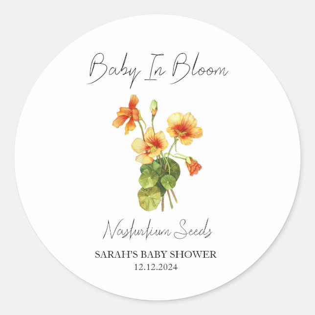 Baby in Bloom l Nasturtium Seeds Baby Dusche Runder Aufkleber (Vorderseite)