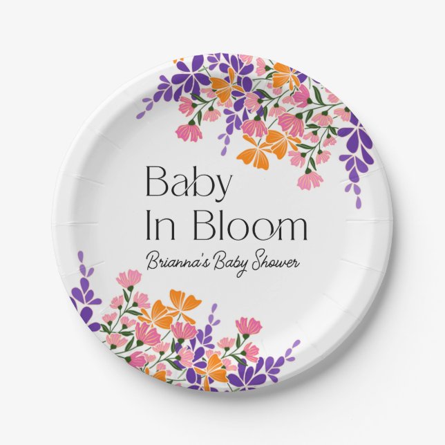 Baby in Bloom Lebendige Frühlingsblumen Babydusche Pappteller (Vorderseite)