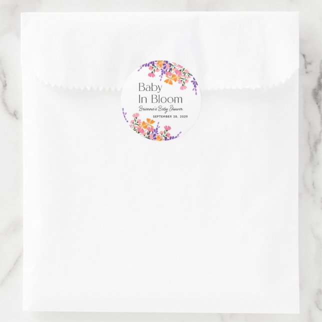 Baby in Bloom Lebendige Frühlingsblumen Babydusche Runder Aufkleber (Tasche)