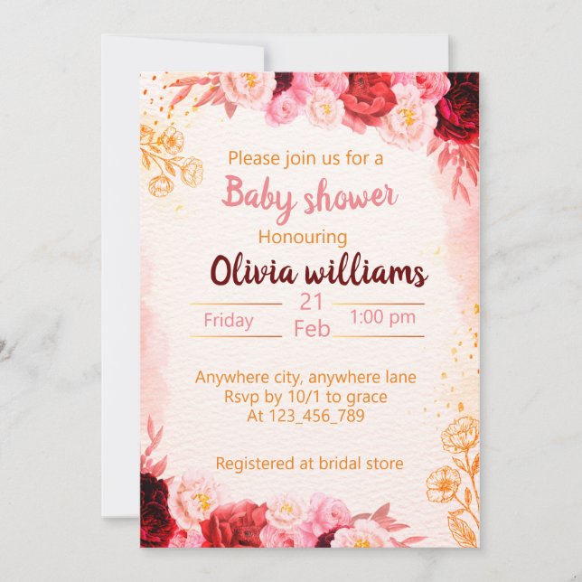 Baby in Bloom mit Burgundy Dusty Pink Wasserfarbe Einladung (Vorderseite)