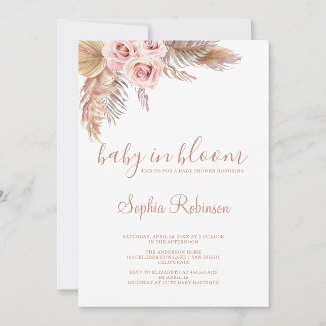 Baby in Bloom Pampas Grass Boho Babydusche Einladung (Vorderseite)