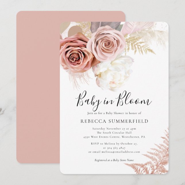 Baby in Bloom Pampas Grass Boho Girl Shower Einladung (Vorne/Hinten)