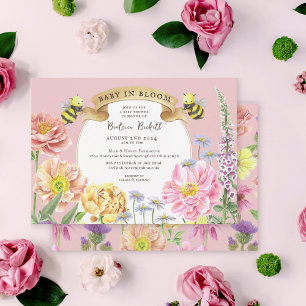 Baby in Bloom Pastel Pink Wildblume Kinderdusche Einladung