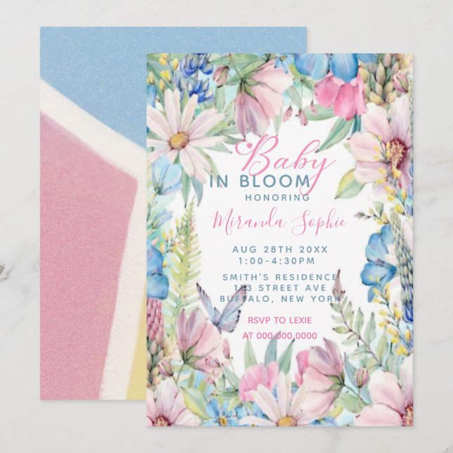 Baby in Bloom Pastel Wildblumen Kinderdusche Einladung (Vorne/Hinten)
