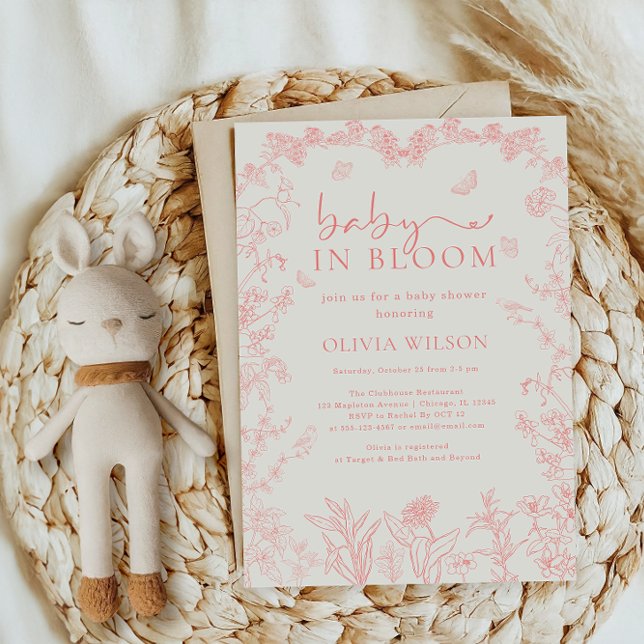 Baby in Bloom Pfirsichpink Chinoiserie Babydusche Einladung (Baby In Bloom Peach Pink Chinoiserie Baby shower Invitation)