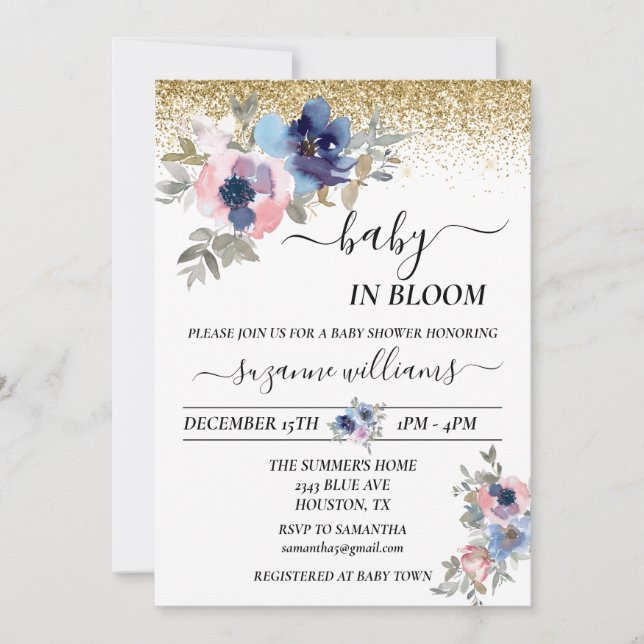 Baby in Bloom Pink Blue Handgeschriebene Gold Conf Einladung (Vorderseite)