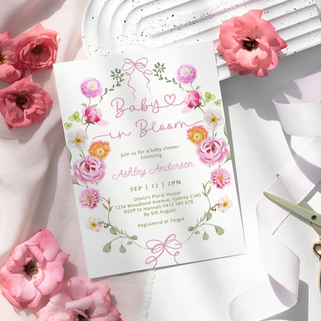 Baby in Bloom Pink Blütenbraun Babydusche Einladung (Von Creator hochgeladen)