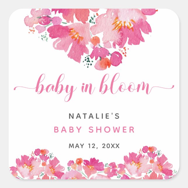 Baby in Bloom Pink Blütendusche Wasserfarbe Quadratischer Aufkleber (Vorderseite)