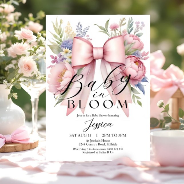 Baby in Bloom Pink Bow Baby shower Invitation (Baby in Bloom Coquette Pink Bow Baby Girl Baby Shower Invitation. On trend Coquette Spring theme)