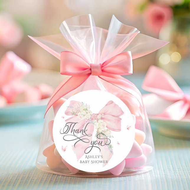 Baby in Bloom Pink Bow Babydusche Danke Runder Aufkleber (Von Creator hochgeladen)