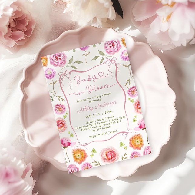 Baby in Bloom Pink Bow Bloral Baby Dusche Einladung (Von Creator hochgeladen)