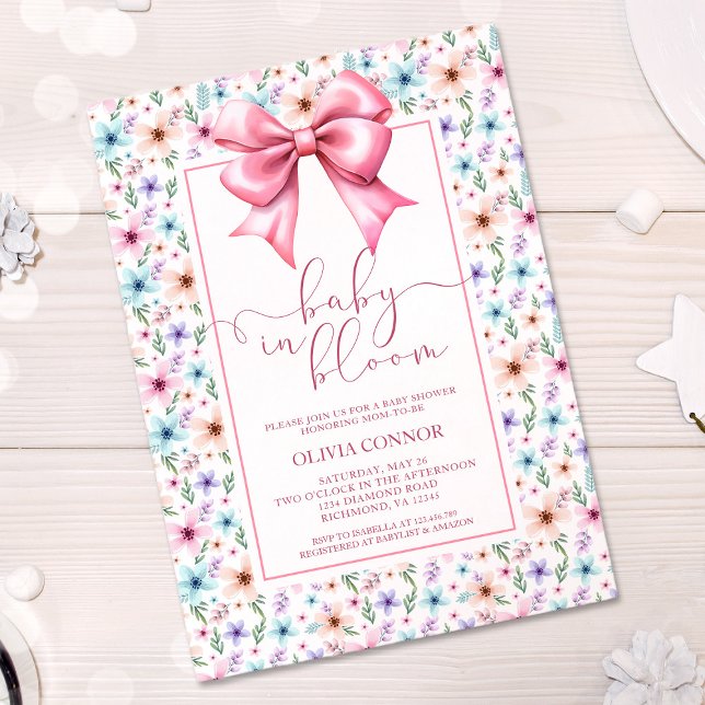 Baby in Bloom Pink Bow Floral Girl Babydusche Einladung (Von Creator hochgeladen)