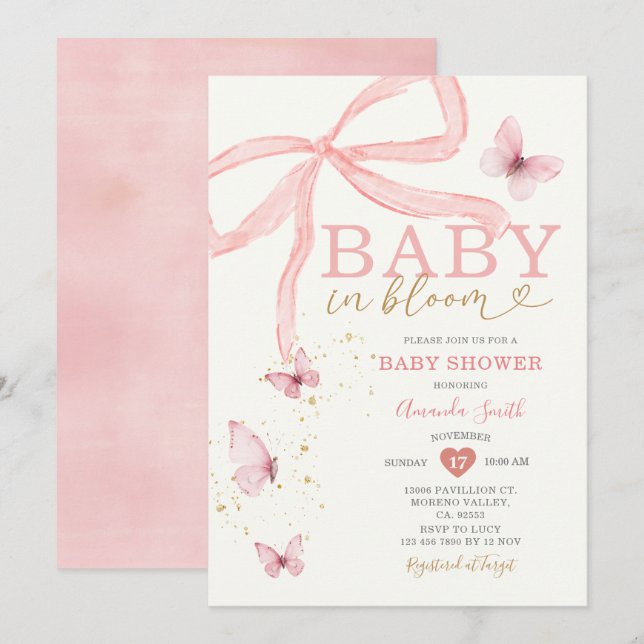Baby in Bloom Pink Bow Girl Babydusche Einladung (Vorne/Hinten)