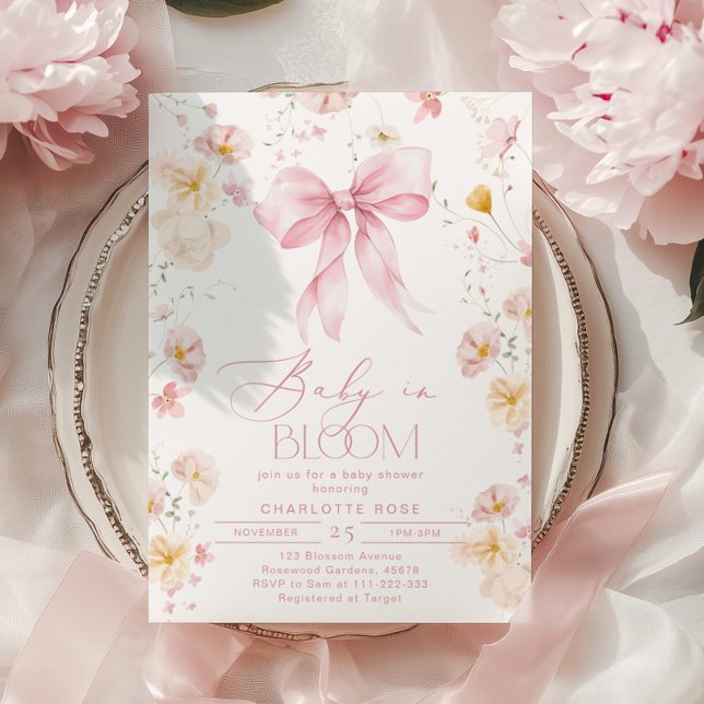Baby in Bloom Pink Bow Wildblume Babydusche Einladung (Von Creator hochgeladen)