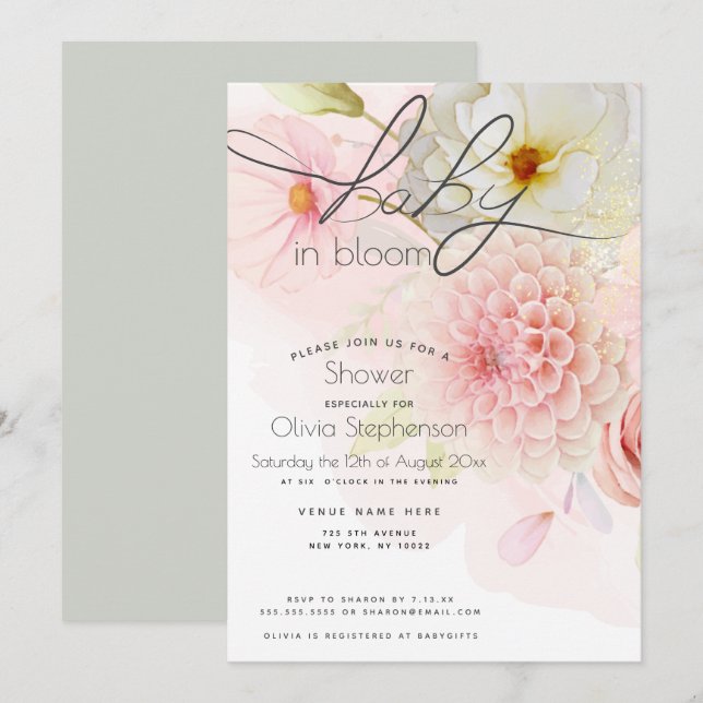 Baby in Bloom Pink Dahlia Bloral Baby Dusche Einladung (Vorne/Hinten)