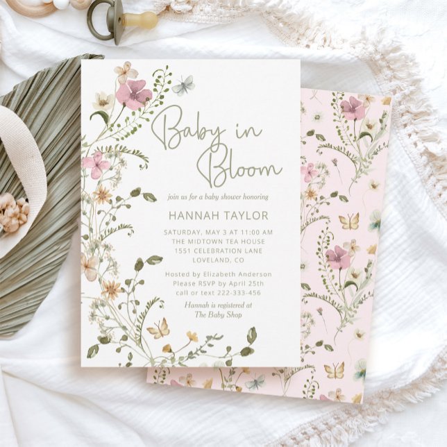 Baby in Bloom Pink Floral Girl Babydusche Einladung (baby in bloom pink floral wildflower baby shower)
