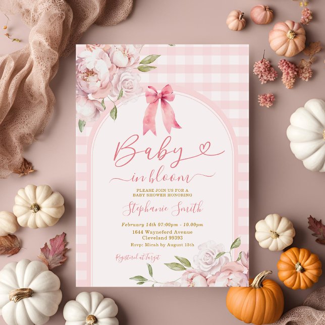 Baby in Bloom Pink Gingham Floral Niedlich Baby Du Einladung (Von Creator hochgeladen)