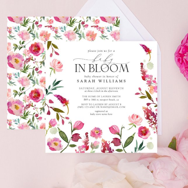 Baby in Bloom Pink Girl Aquarell Blütendusche Einladung (Baby Shower Invitation)