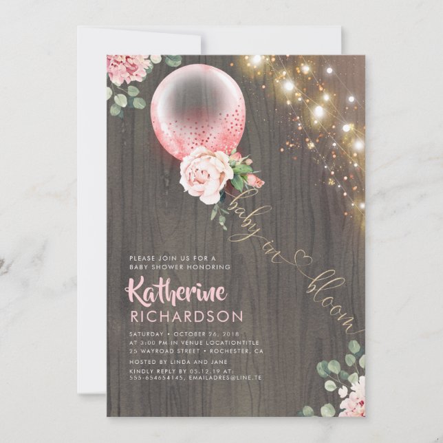 Baby in Bloom Pink Gold Ballon Rustic Baby Dusche Einladung (Vorderseite)