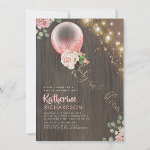 Baby in Bloom Pink Gold Ballon Rustic Baby Dusche Einladung