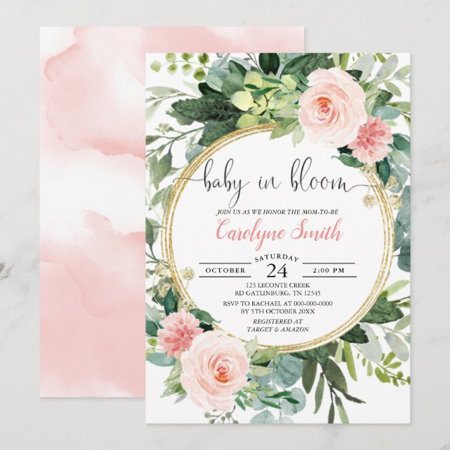 Baby in Bloom Pink Gold Greenery Baby Dusche Einladung (Vorne/Hinten)